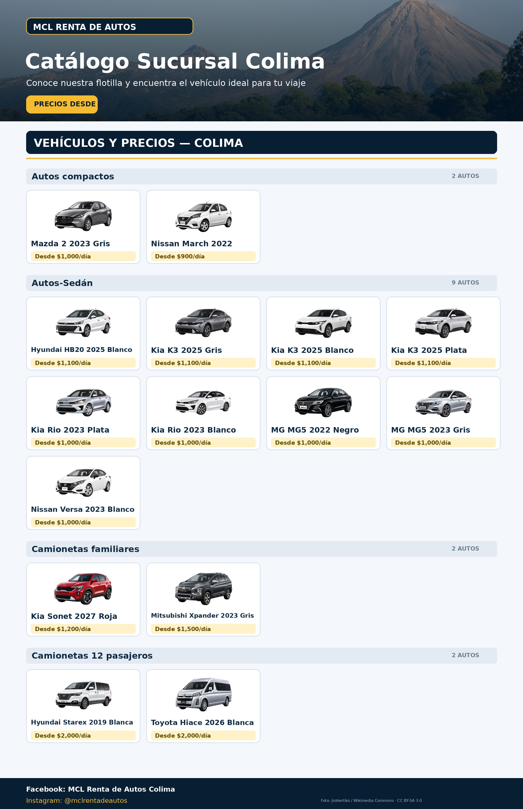 Catálogo de 15 vehículos de MCL Colima, con modelos y precios desde por día.