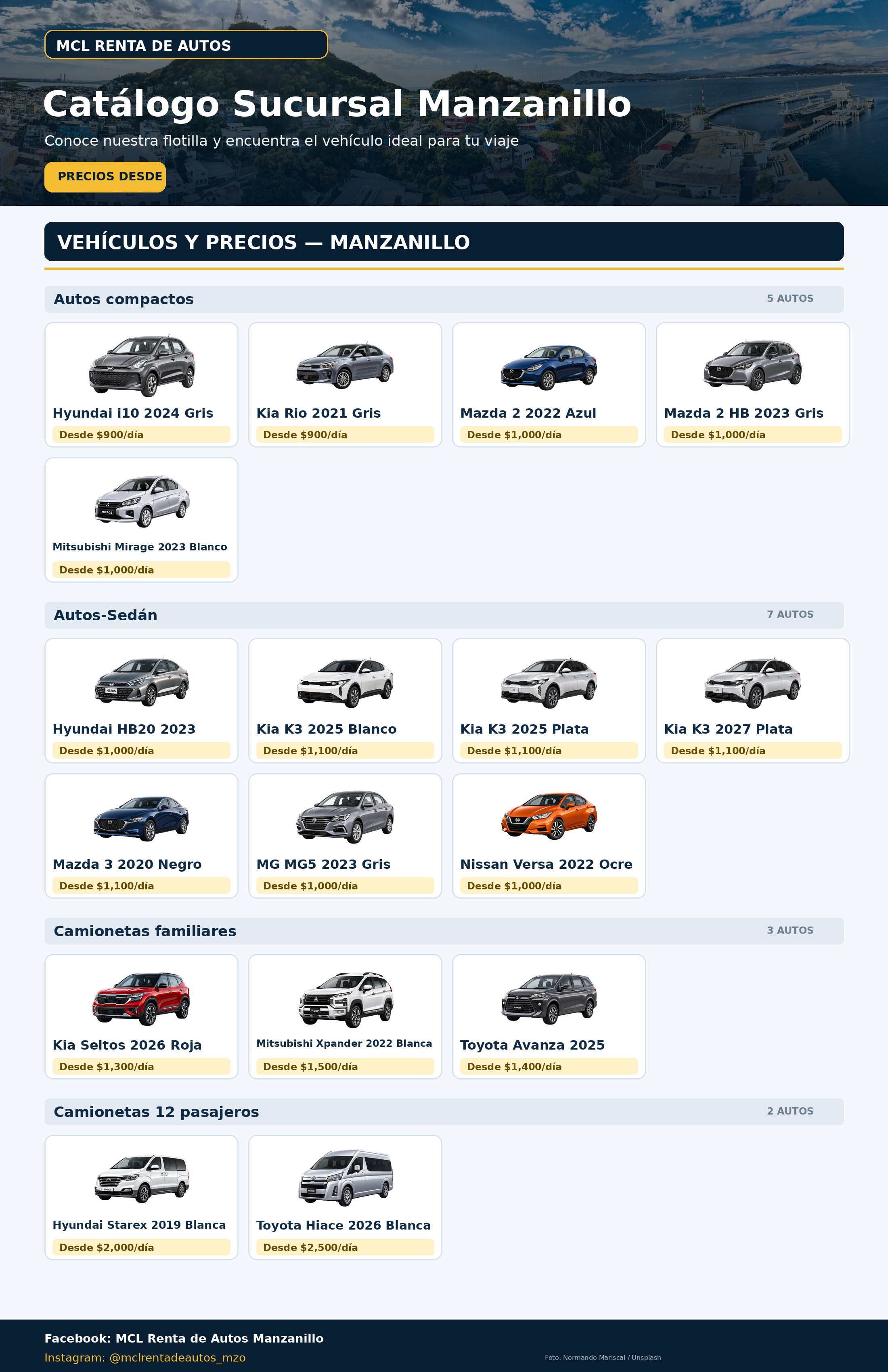 Catálogo de 17 vehículos de MCL Manzanillo, con modelos y precios desde por día.