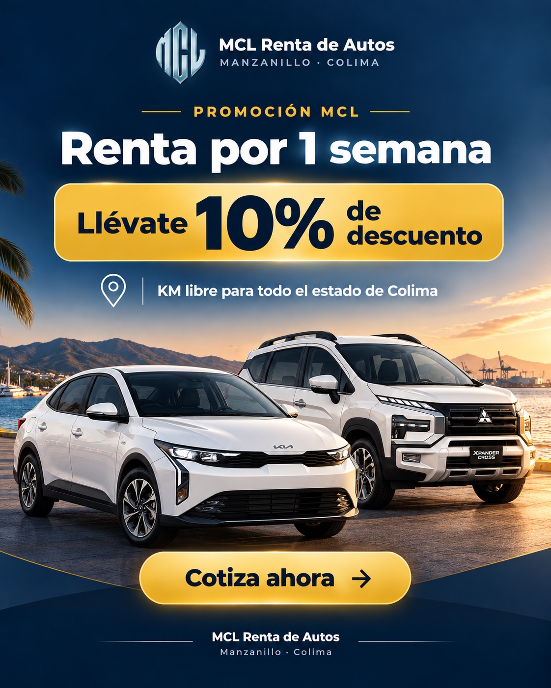 Renta por una semana y llévate 10% de descuento. KM libre para todo el estado de Colima.