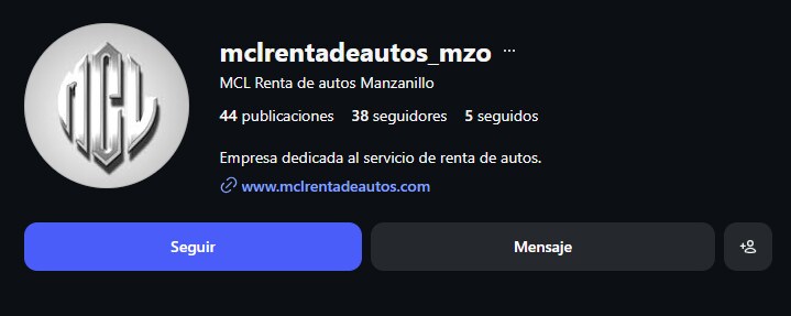 Vista del perfil de Instagram de MCL Renta de Autos Manzanillo